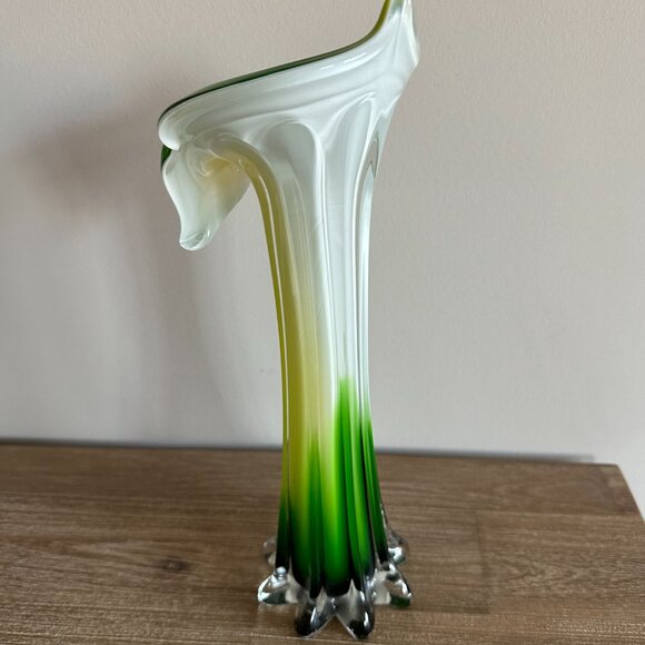 Vintage Green Yellow Hand Blown Art Glass Jack in the Pulpit Vase 12” - Picture 3 of 3